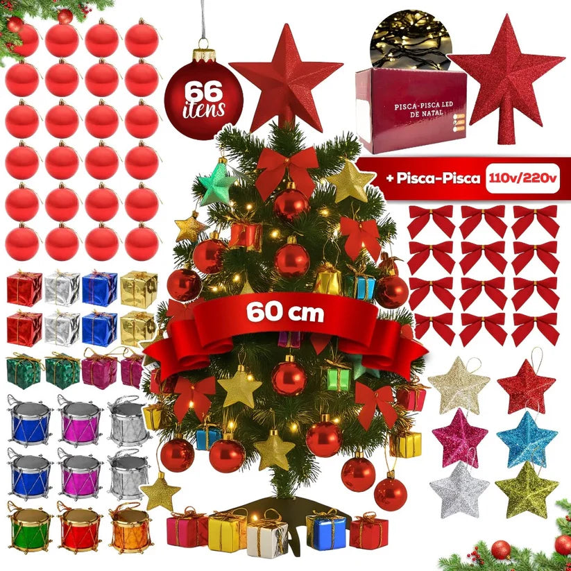 Árvore de Natal Decorada Pequena com Pisca Pisca e 66 Enfeites