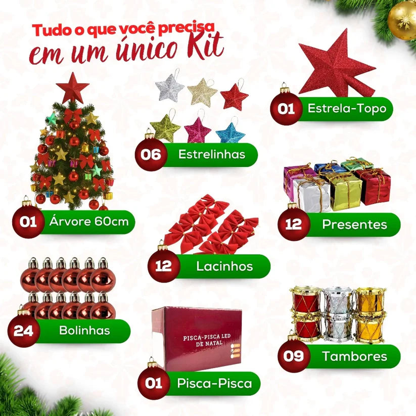 Árvore de Natal Decorada Pequena com Pisca Pisca e 66 Enfeites