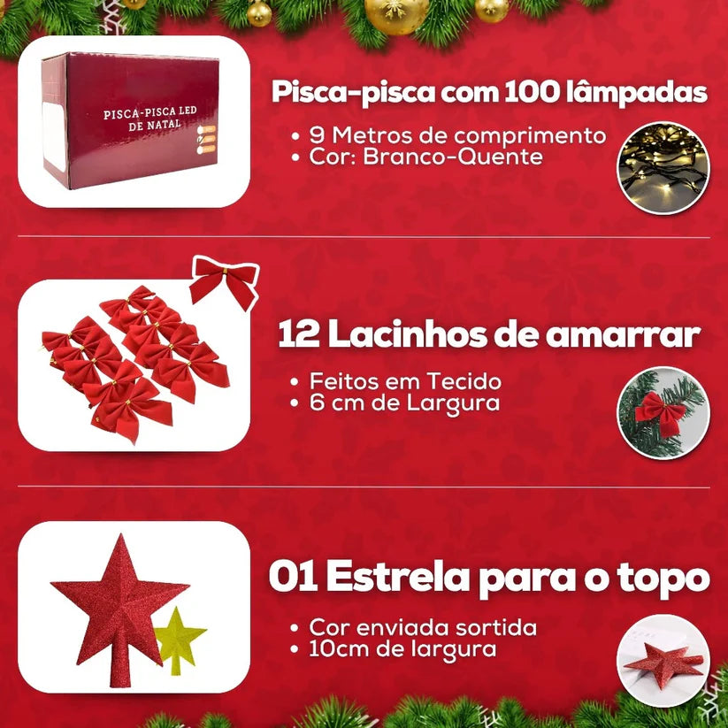 Árvore de Natal Decorada Pequena com Pisca Pisca e 66 Enfeites