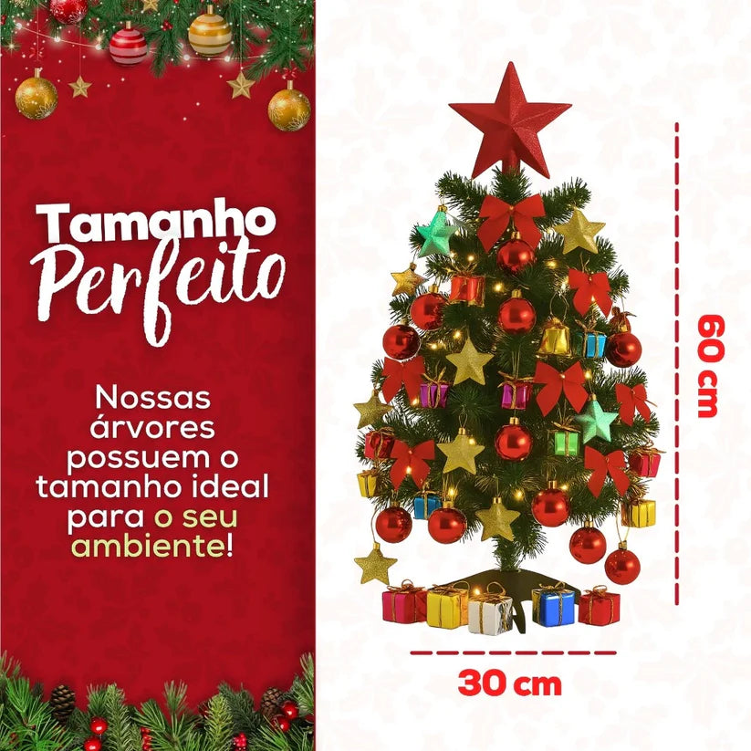 Árvore de Natal Decorada Pequena com Pisca Pisca e 66 Enfeites