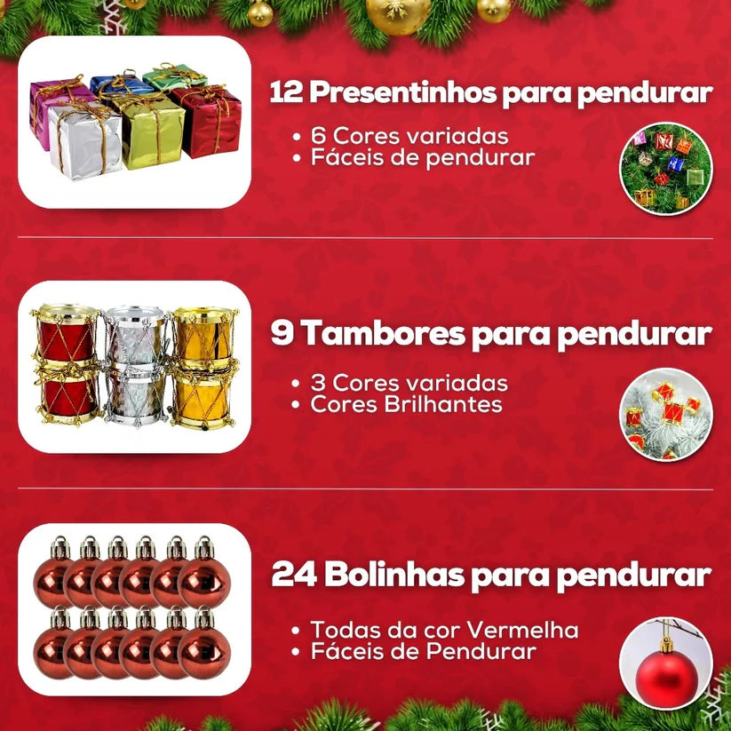 Árvore de Natal Decorada Pequena com Pisca Pisca e 66 Enfeites