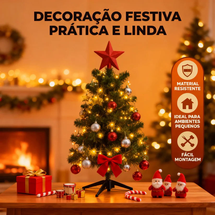 Árvore de Natal Decorada Pequena com Pisca Pisca e 66 Enfeites